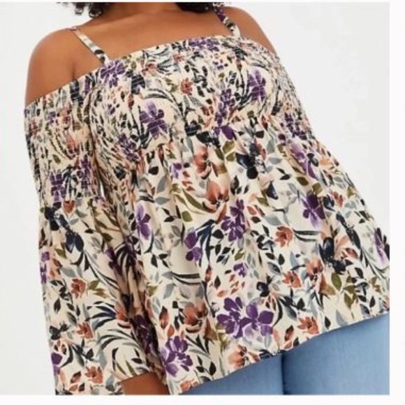 Torrid Challis Floral Taupe Cold Shoulder Blouse Size 00 (10 or M-L) - Picture 2 of 15
